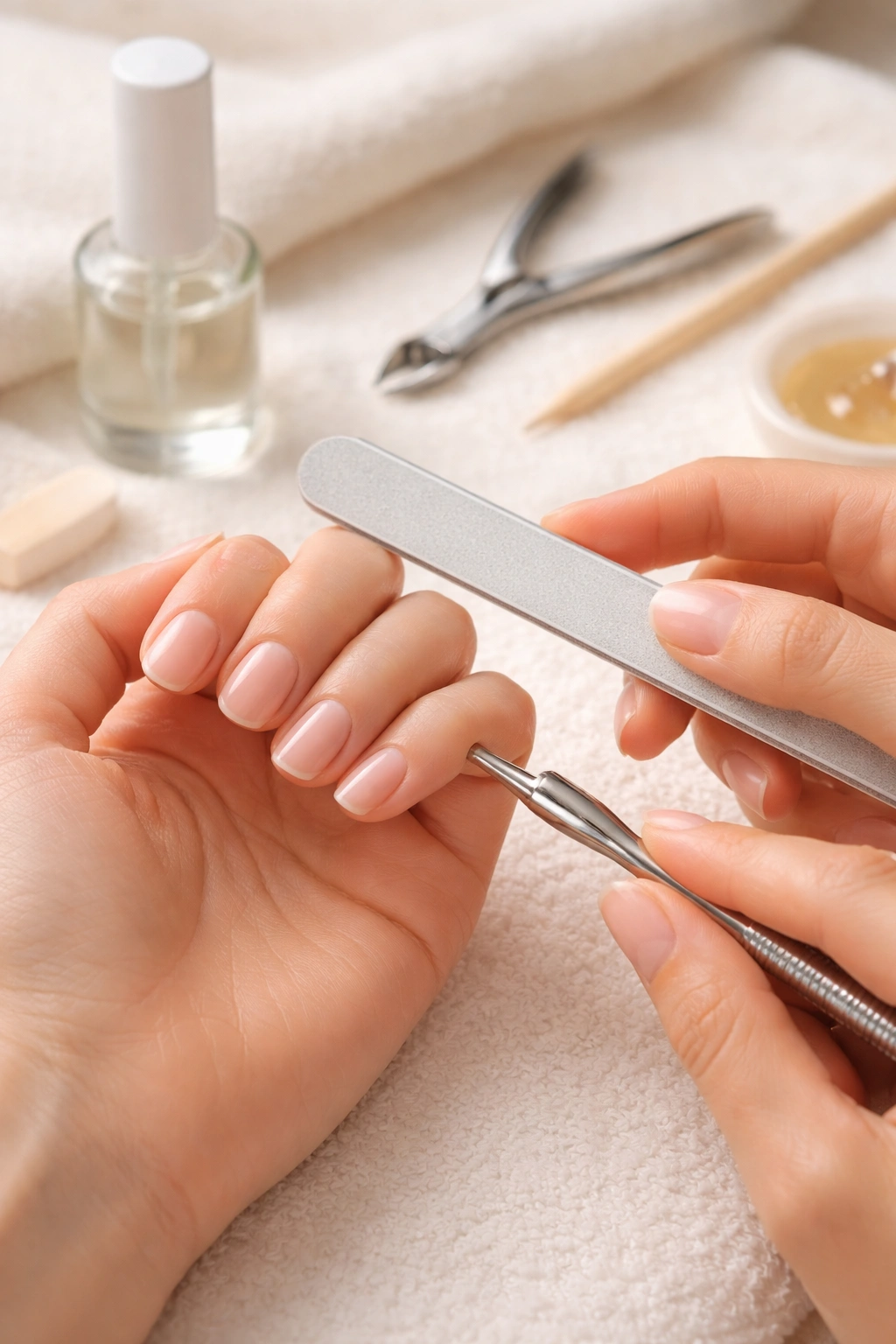 Close-up of hands filing short round nails to maintain a low-key manicure