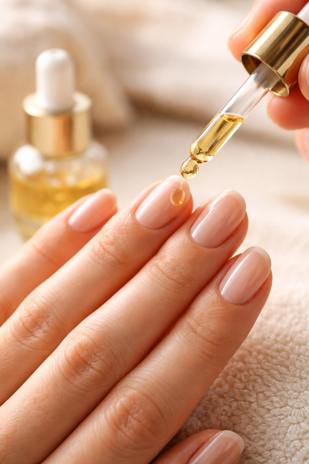 Hand applying cuticle oil to nails for maximizing results