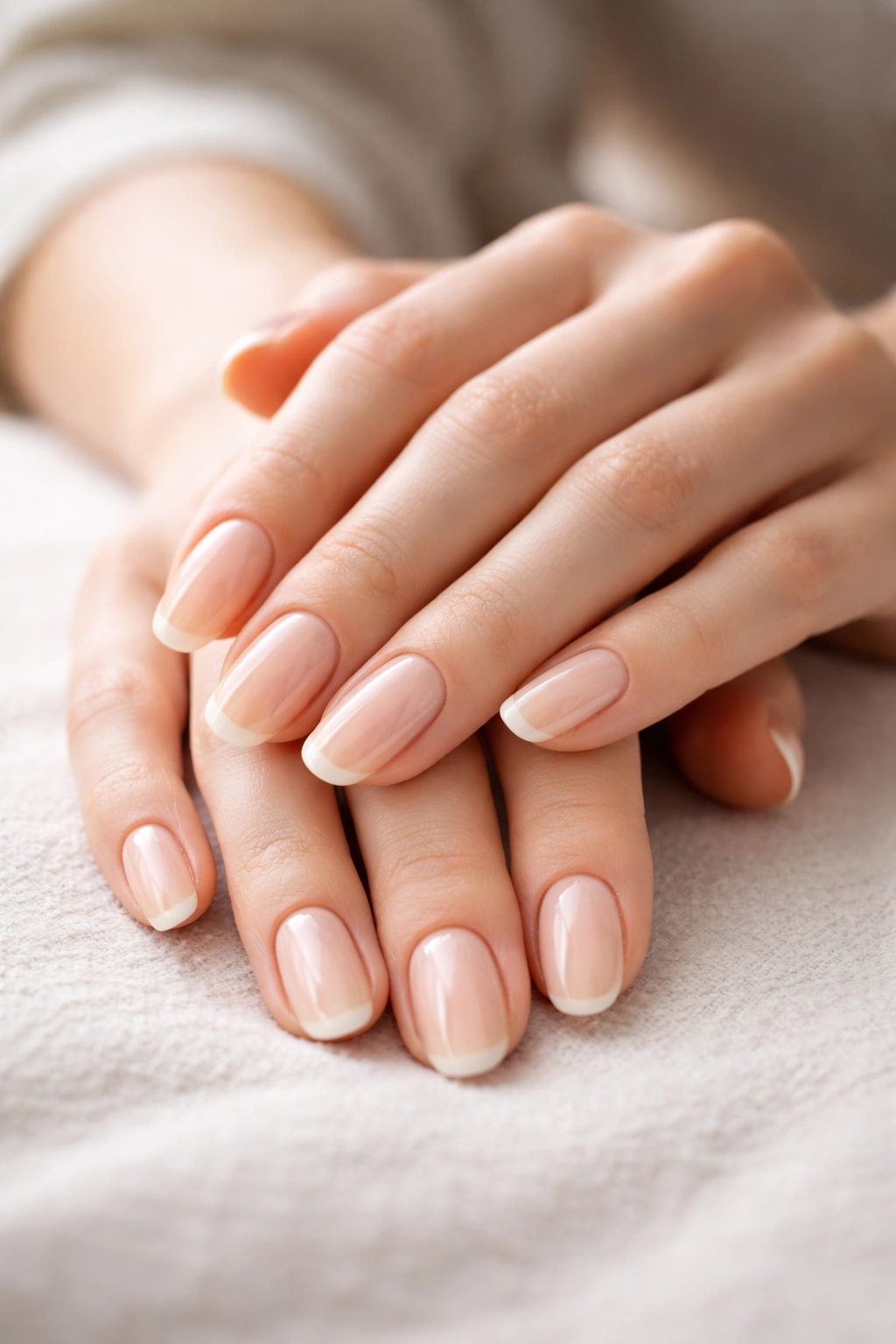 Close-up of hands with natural, well-groomed nails under soft light, illustrating nail care and moisturization