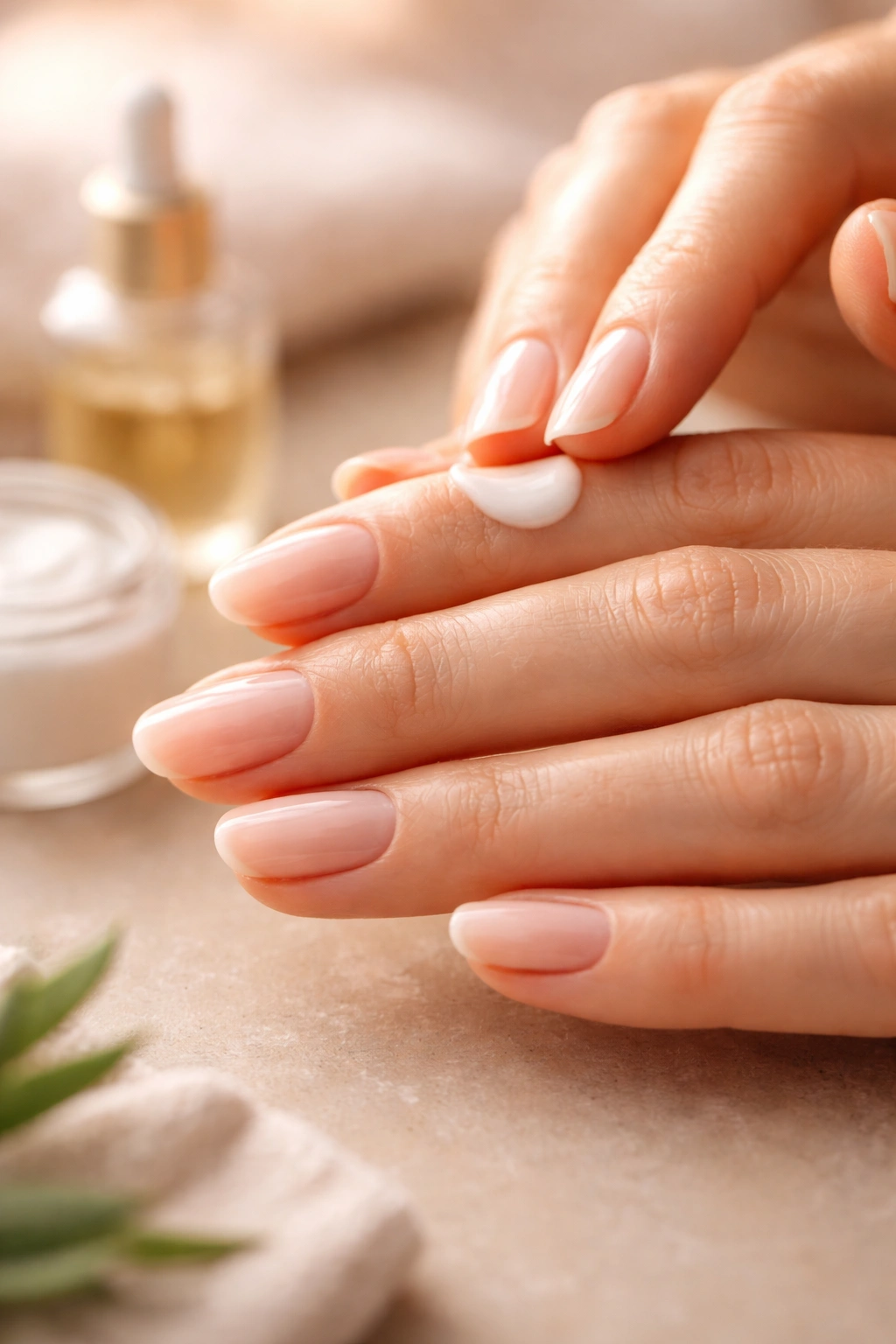 Close-up of moisturized natural nails after dip powder removal