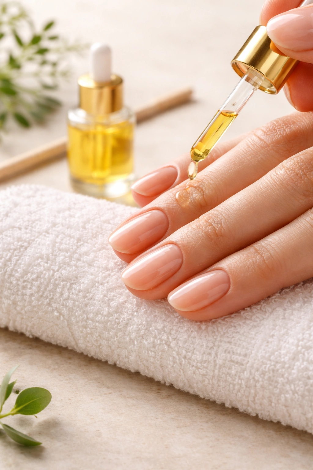 Close-up of hand applying cuticle oil to moisturized nails.