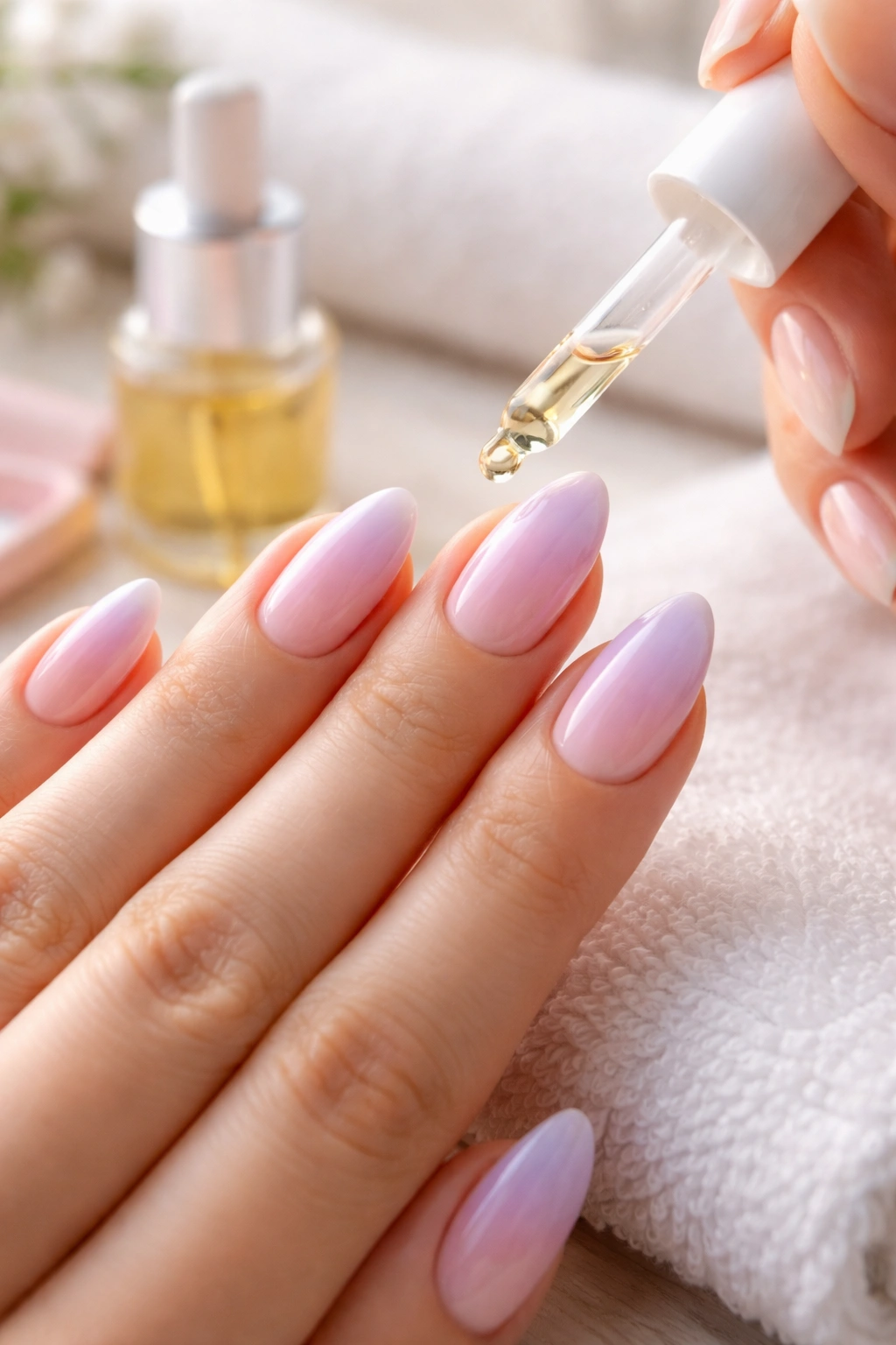 Hand applying cuticle oil to pastel nails for care and upkeep