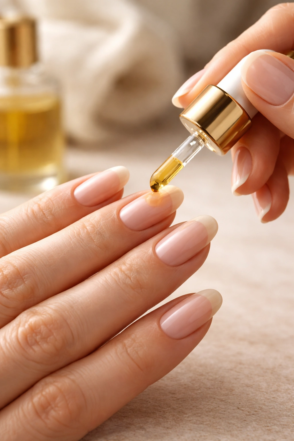Hand applying nail oil to nails and cuticles in a close-up