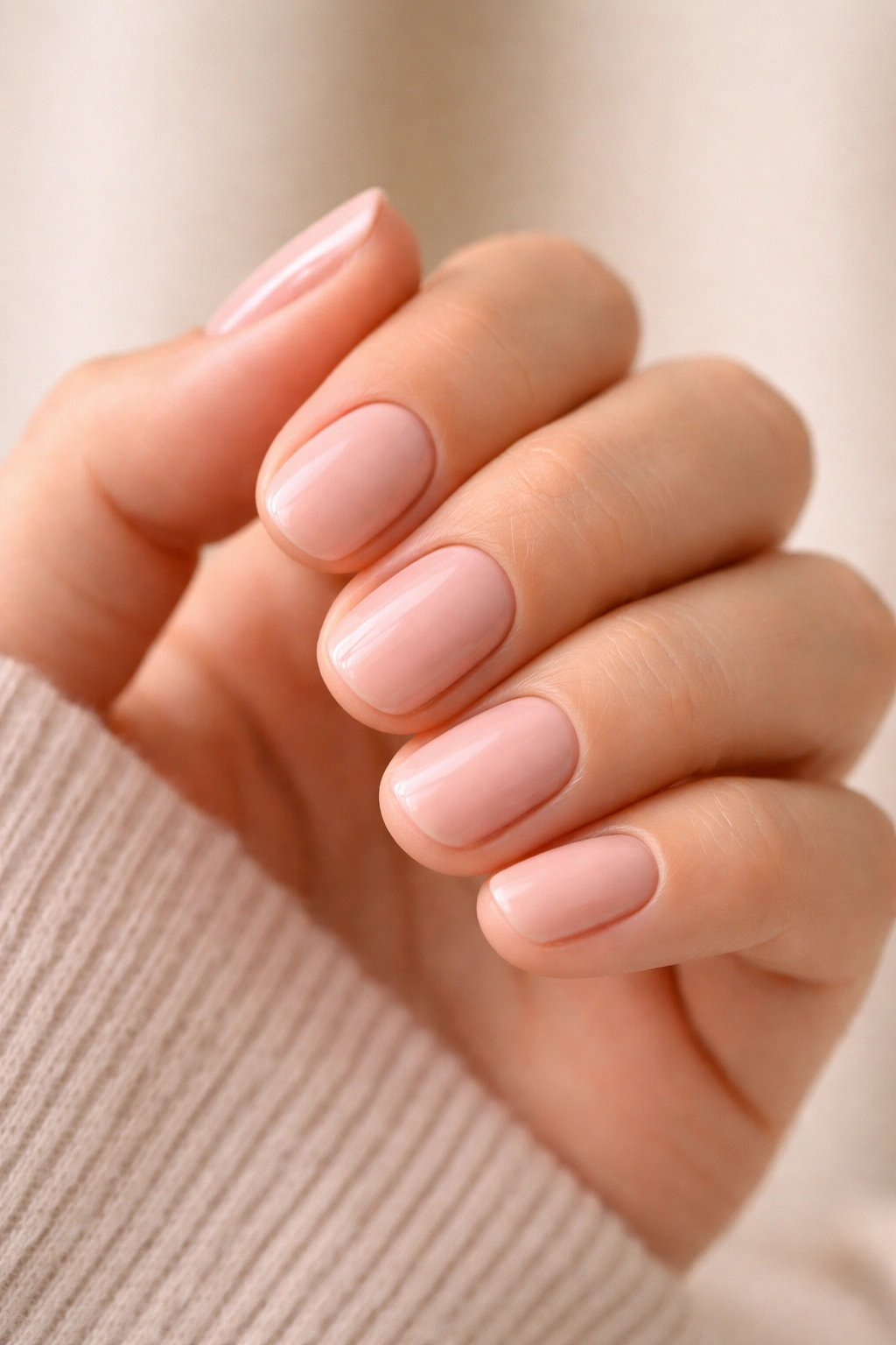 Close-up of a hand with short squoval nails and healthy cuticles, illustrating nail care for weak nails
