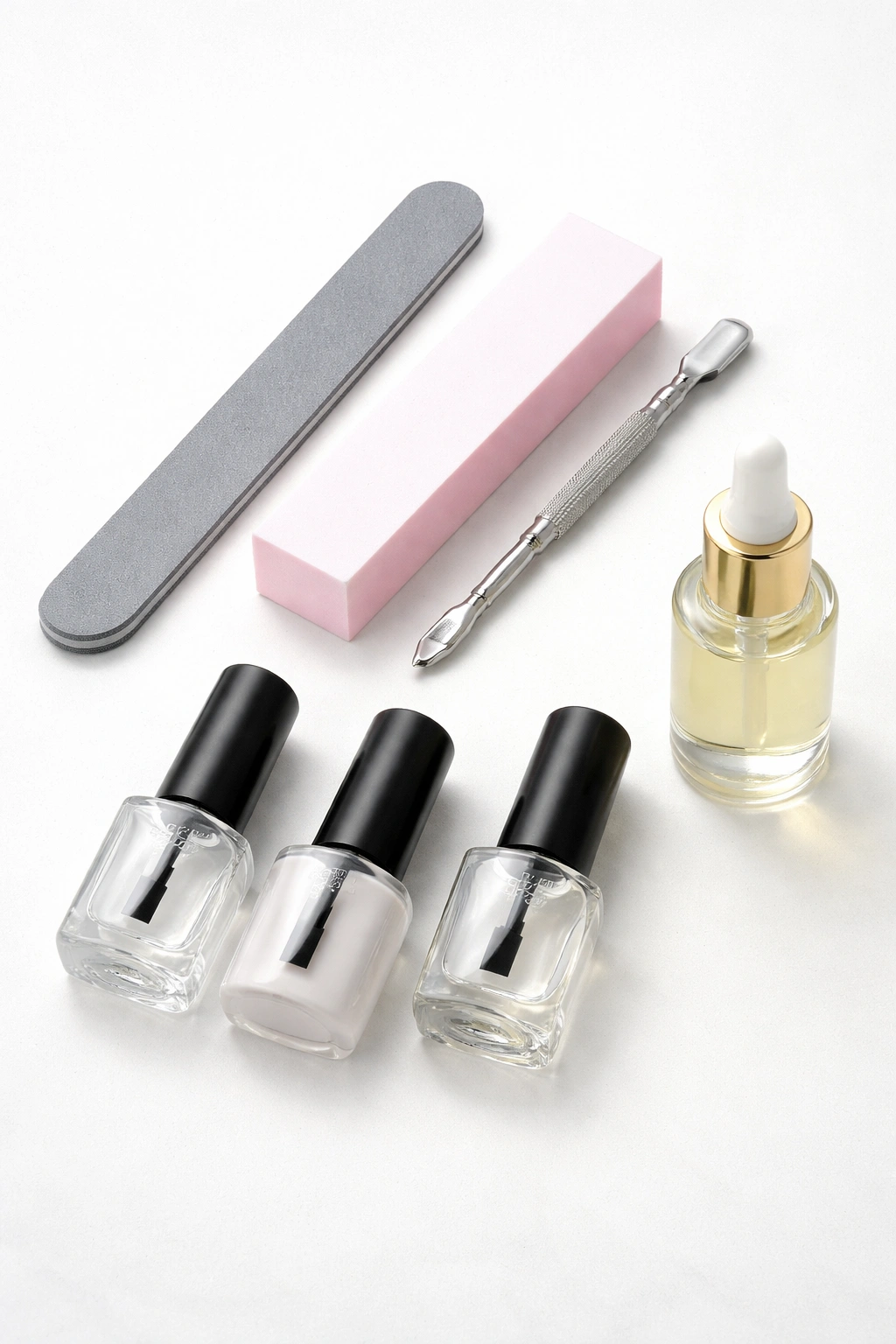 Flat lay of starter nail care tools and polishes