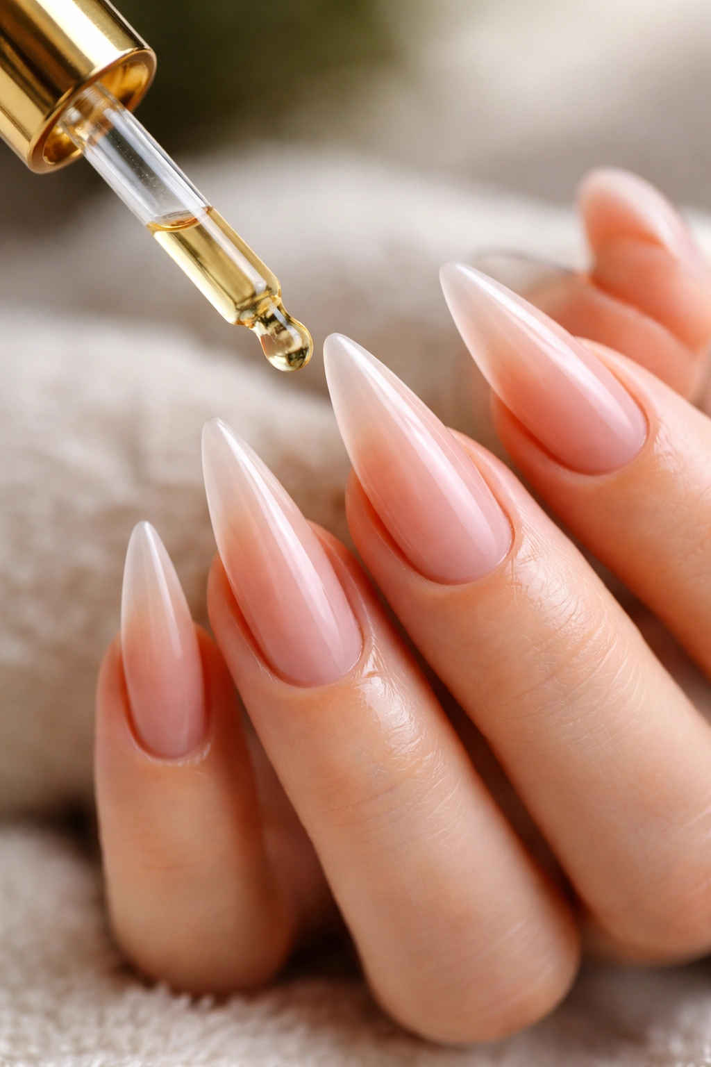 Hand applying cuticle oil to stiletto nails with a neutral background