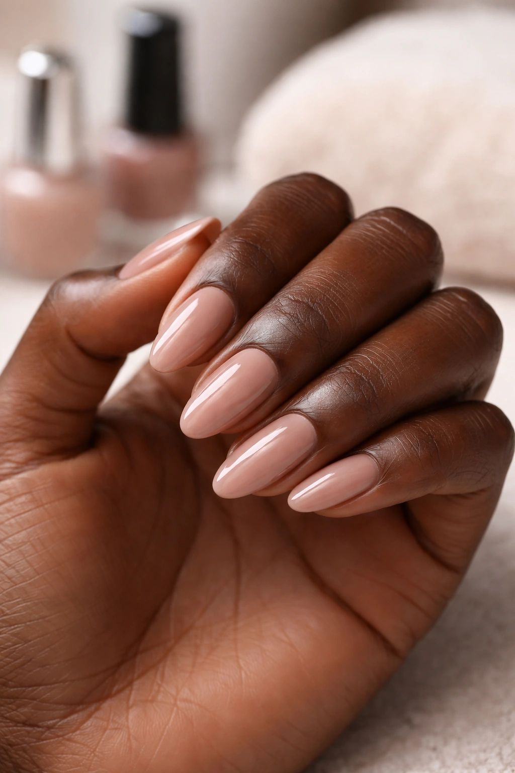 Dark skin hand with neutral nude nails and tips of nail care