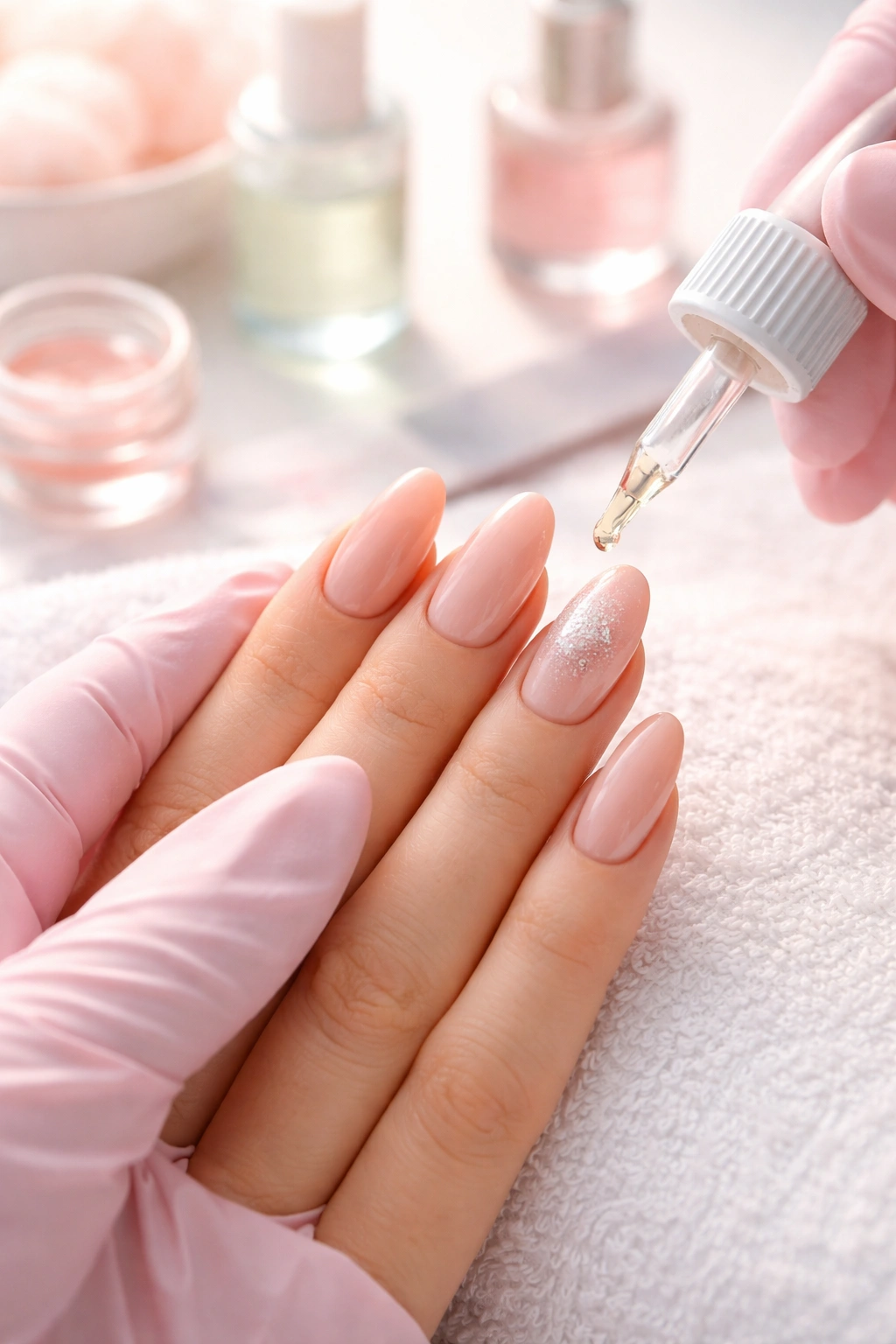 Macro shot of gloved hand with nails highlighting post-application care