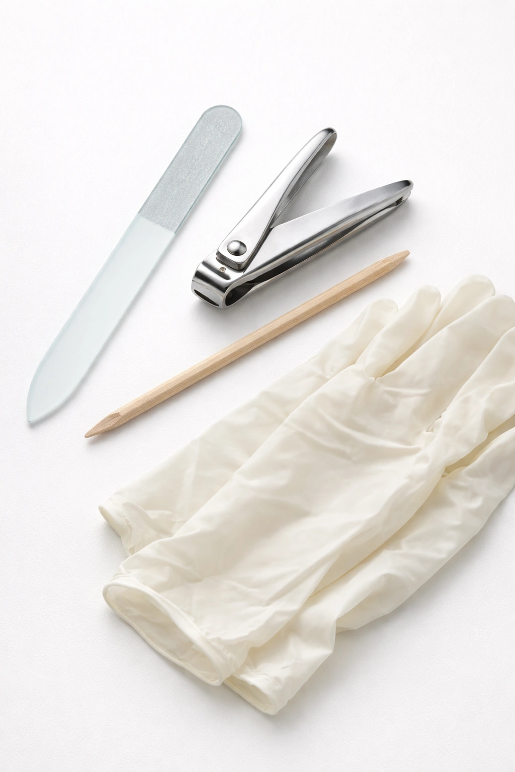 Close-up of nail care tools including glass file, clippers, wooden cuticle pusher, and soft gloves