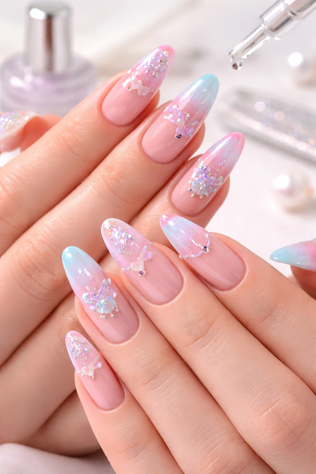 Close-up of glossy nails showing long-lasting Y2K manicure