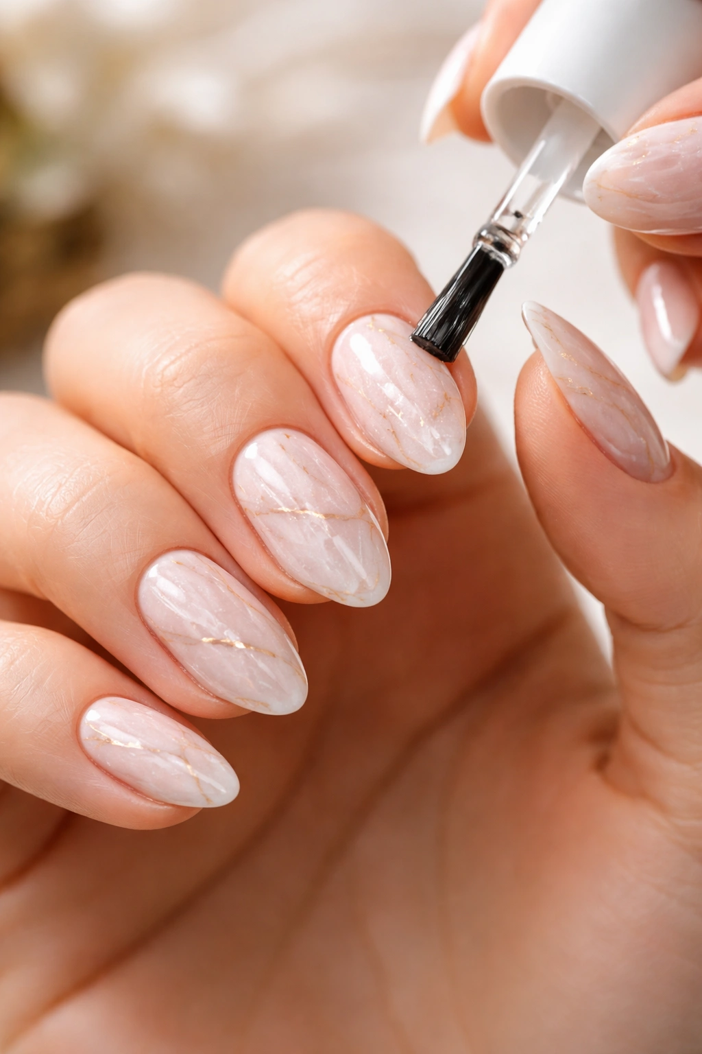 Hand applying clear top coat to short almond nails with marble design