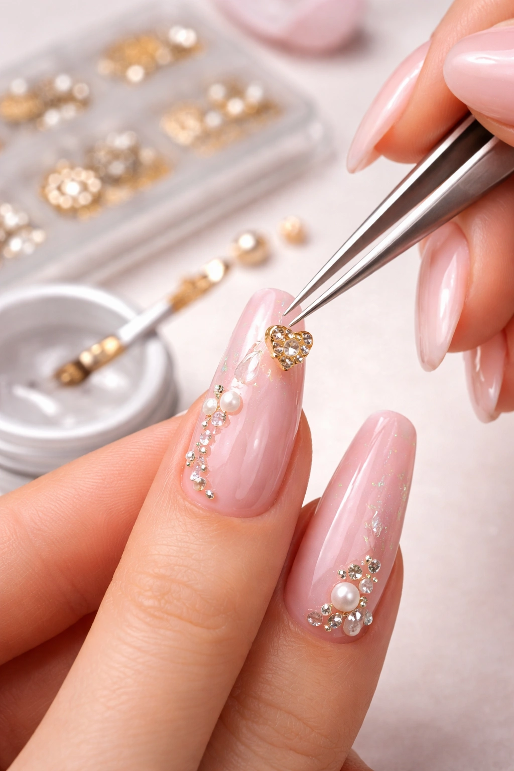 Hands applying a charm to a nail with tweezers