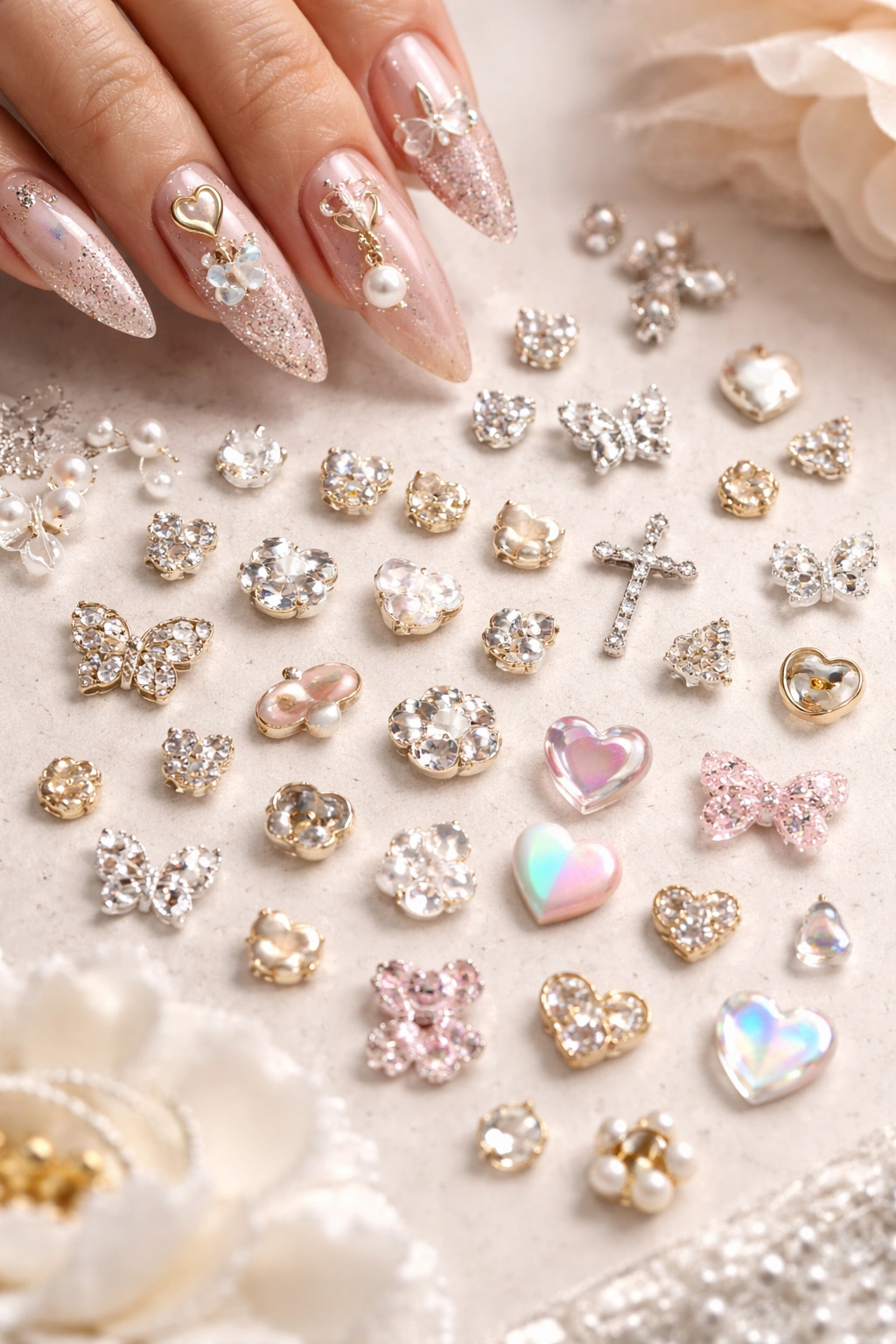 Close-up of curated nail charms on a neutral background for style choice