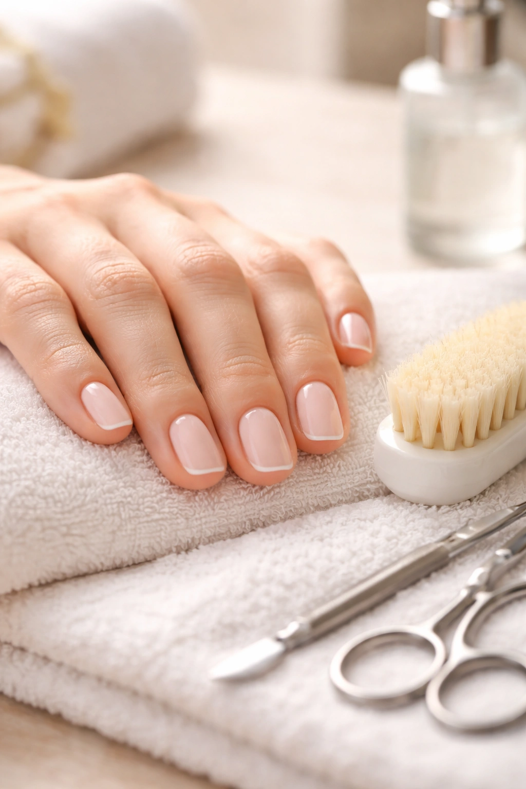 Hand with groomed nails and brush to prevent cleaning mistakes