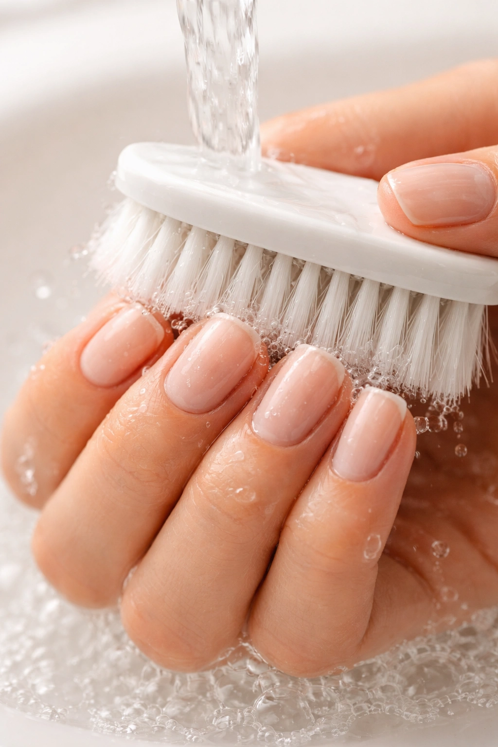 Hand cleaning nails with a brush to remove dust before dip powder