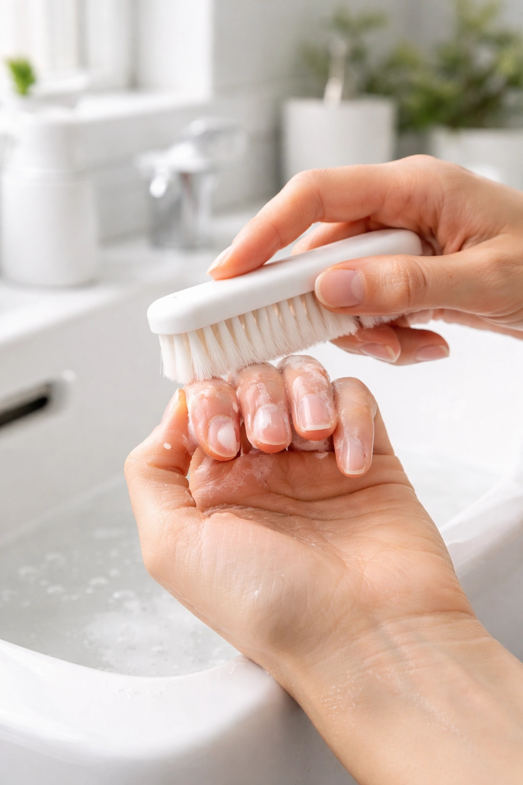 Close-up of gentle nail cleaning with a soft brush