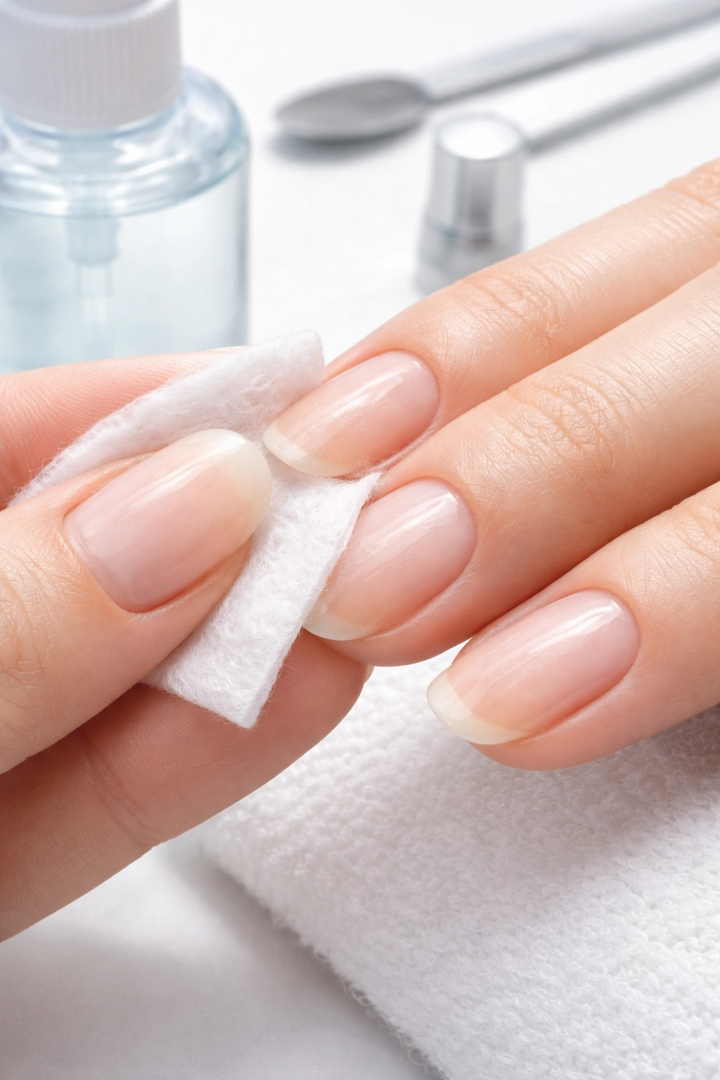 Nails being wiped with alcohol to cleanse and dehydrate for adhesion