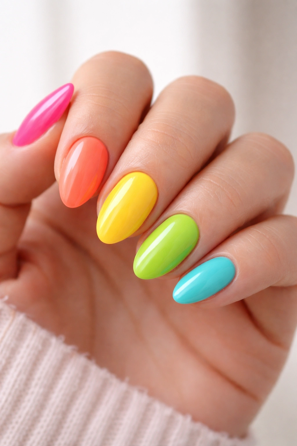 Close-up of a hand with short almond nails in multiple bright colors illustrating shade options.