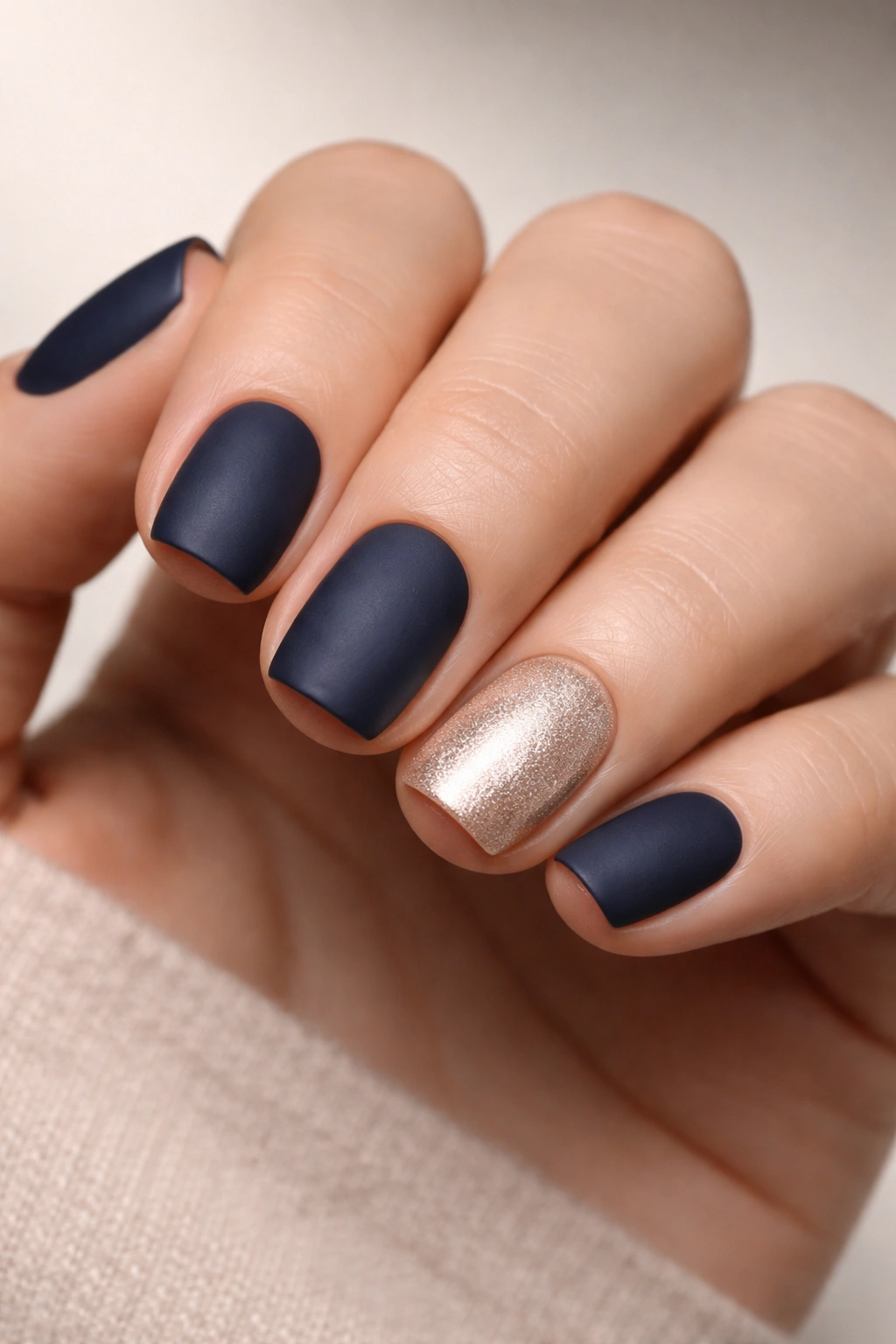 Close-up of short nails with navy matte and champagne gloss finishes