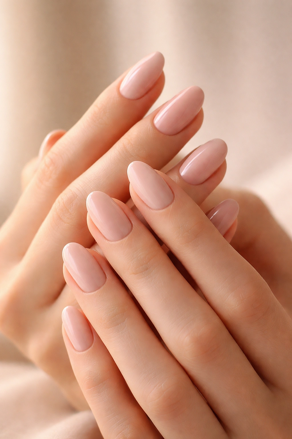 Close-up of hands with nude and pastel nails elongating fingers