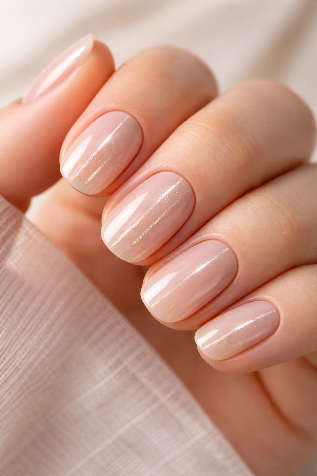 Close-up of short nails with nude polish and vertical stripes