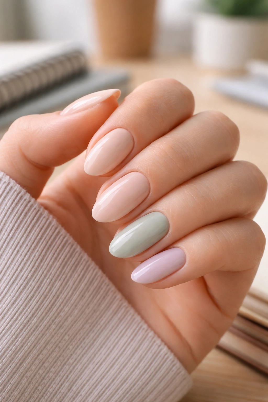 Close-up of short almond nails painted in soft neutrals and pastels