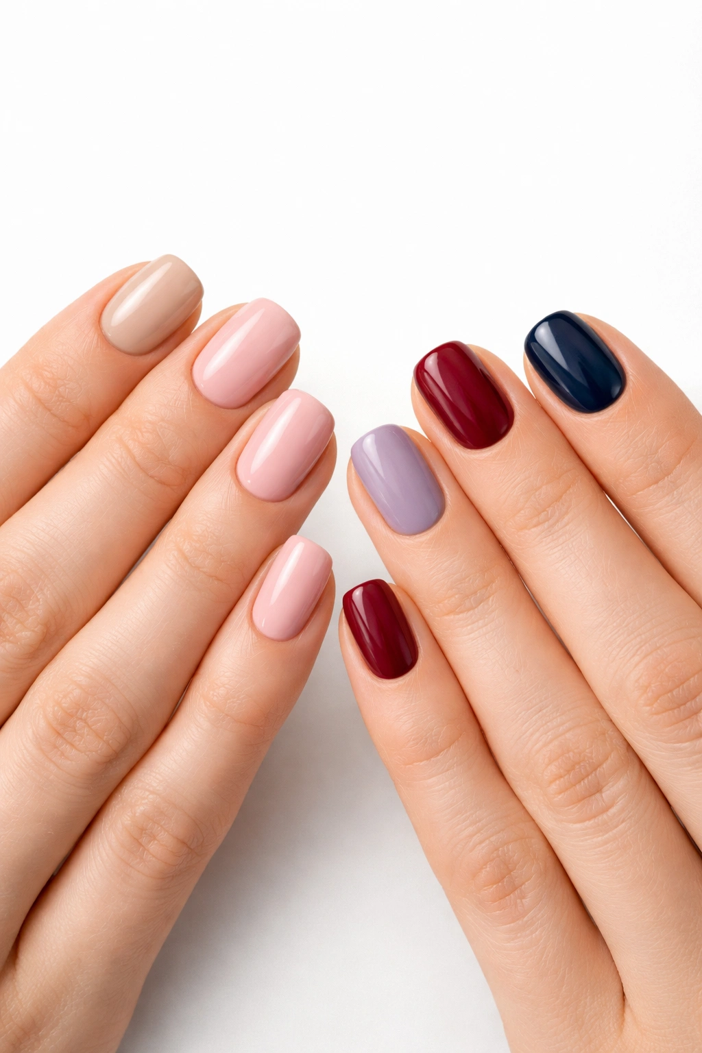 Hand with short nails painted in nude, pink, lilac, burgundy, and navy