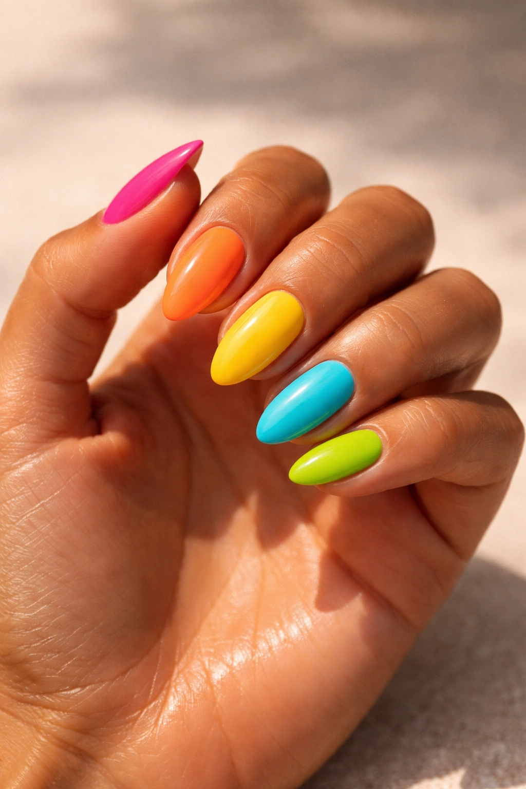 Close-up of hand nails painted in bold colors contrasting with sun-kissed skin