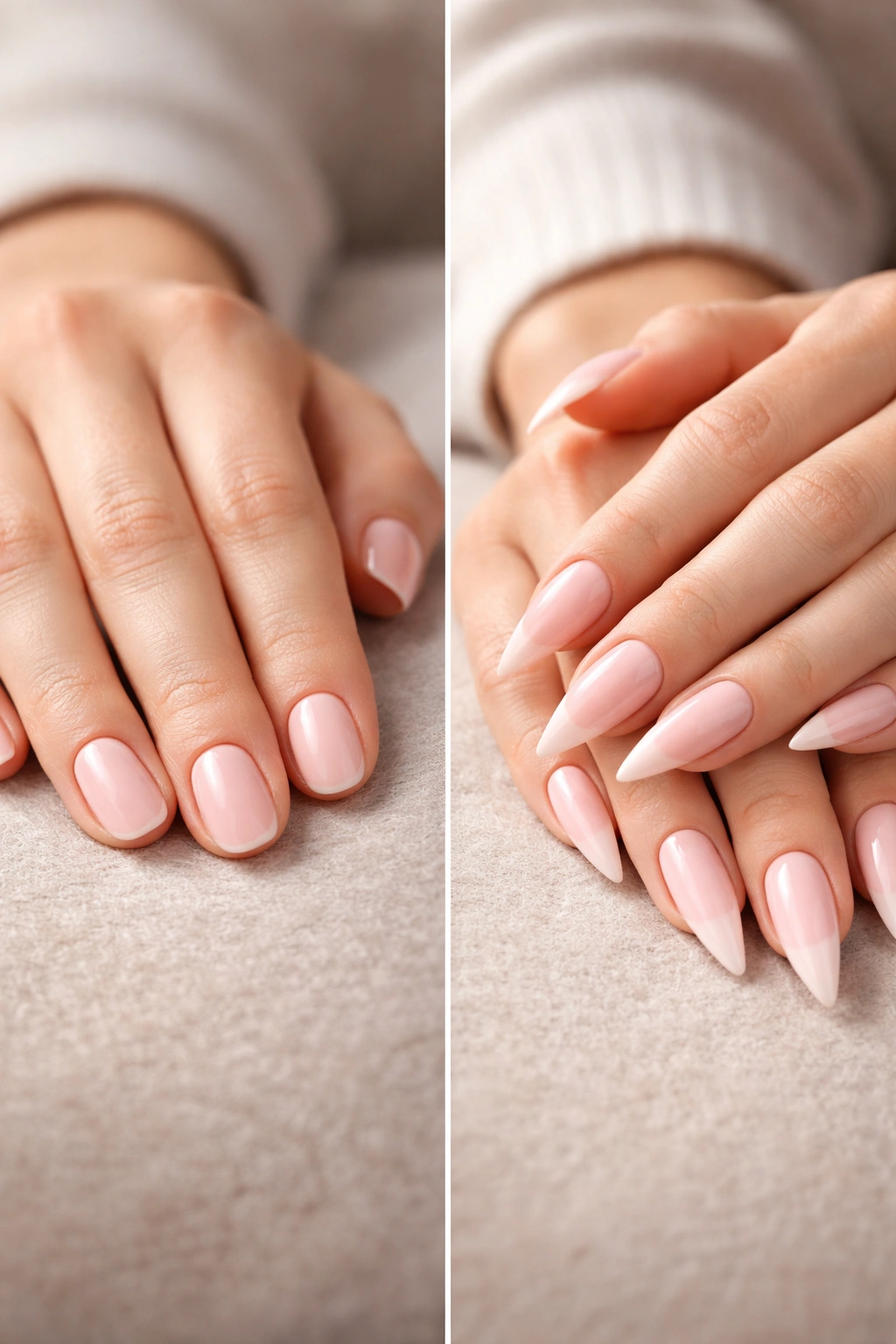 Hands resting; one with rounded nails, one with stilettos, illustrating comfort differences