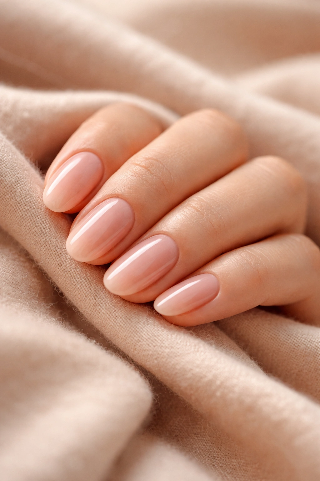 Hand with rounded nails resting on soft fabric highlighting comfort
