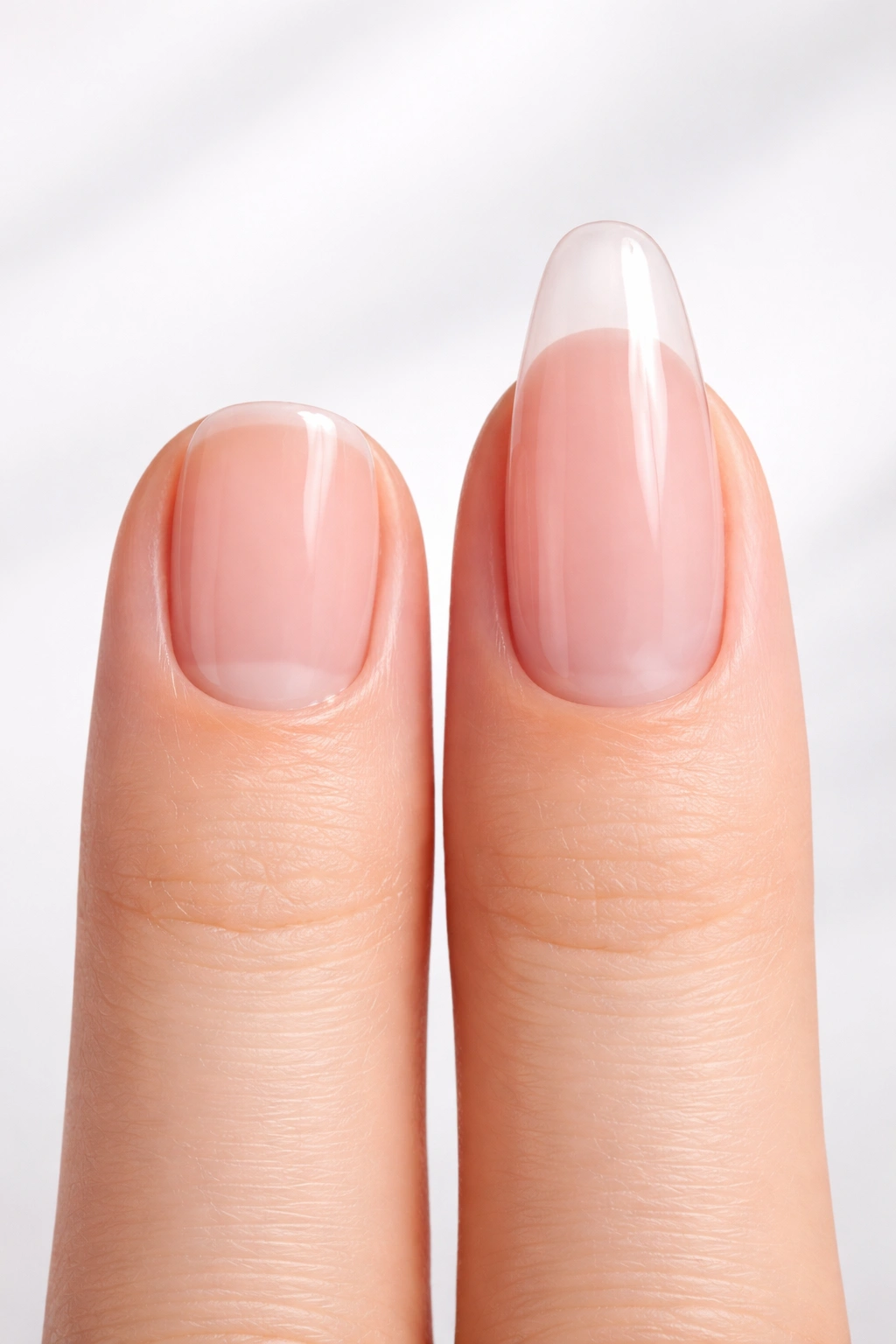 Two nails side by side: short natural nail and gel extension