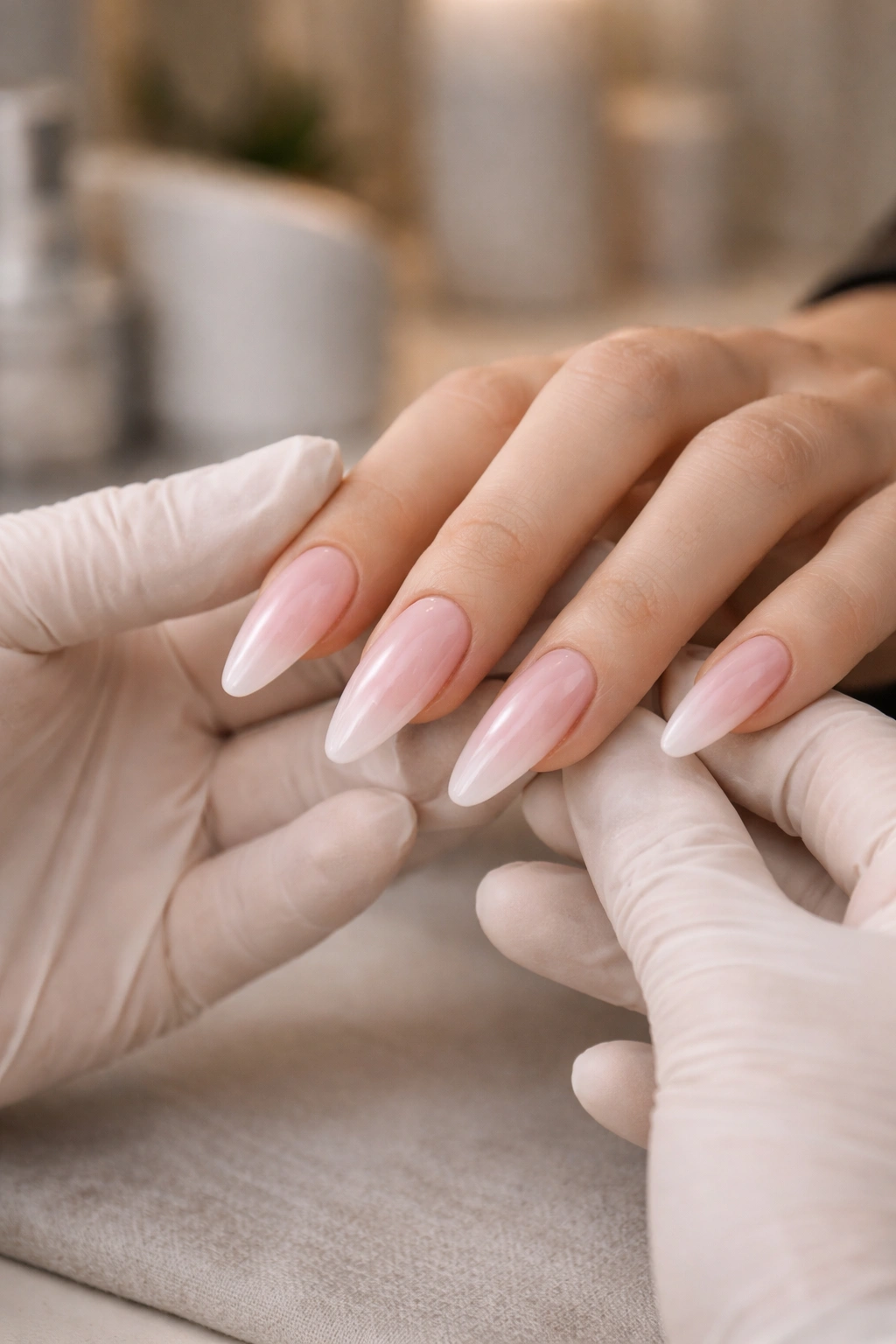 Hand with slim ballerina nails during consultation in salon