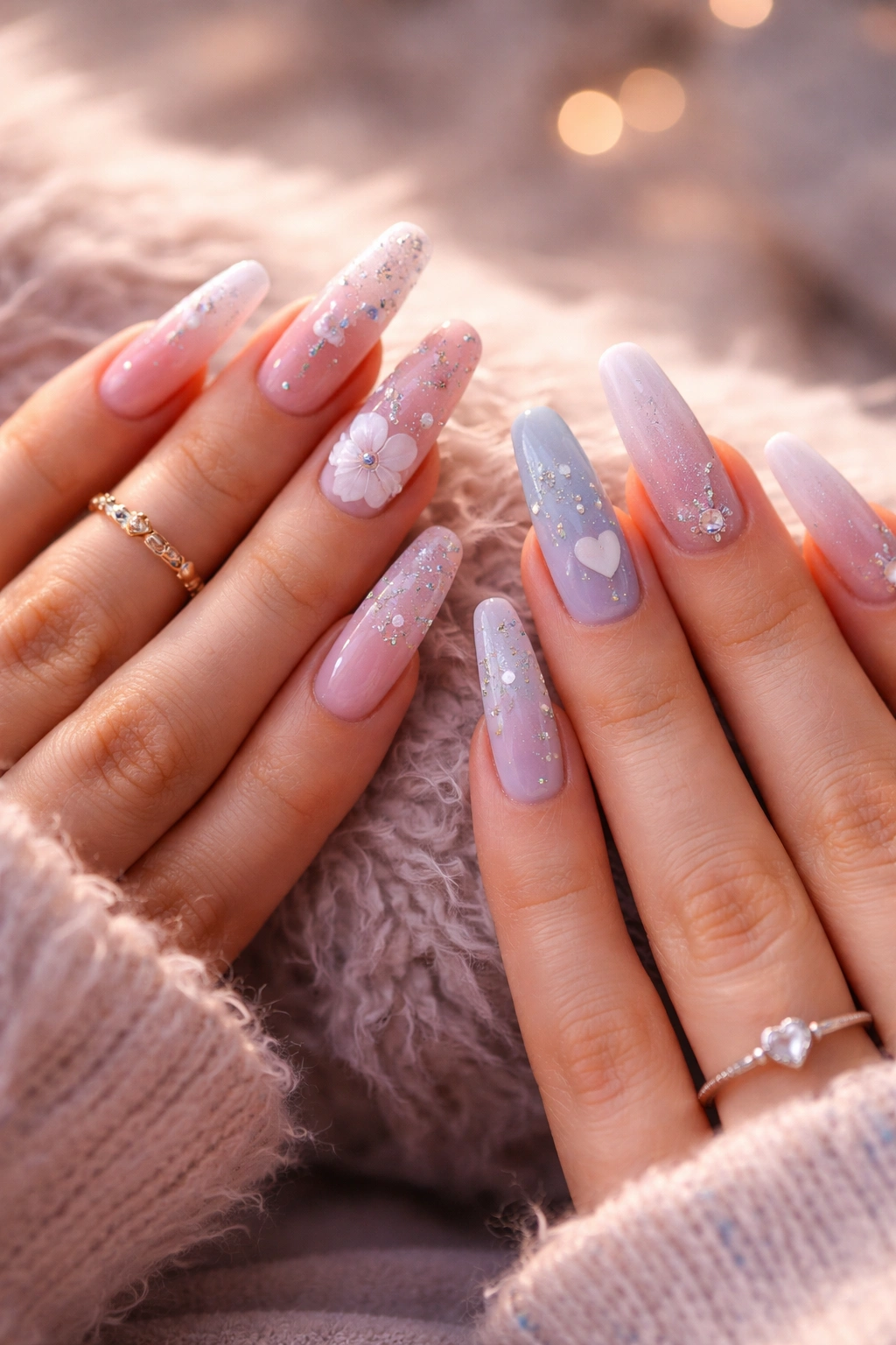 Two hands with coordinated long nails resting together on a soft surface