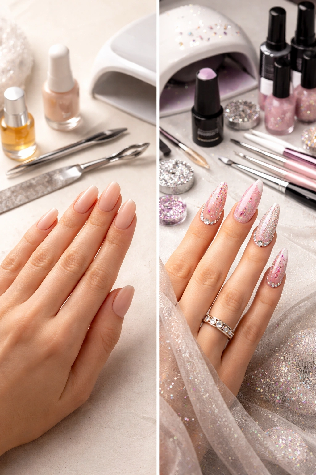 Two nail setups showing round nails with minimal upkeep and stilettos with more tools to imply higher maintenance