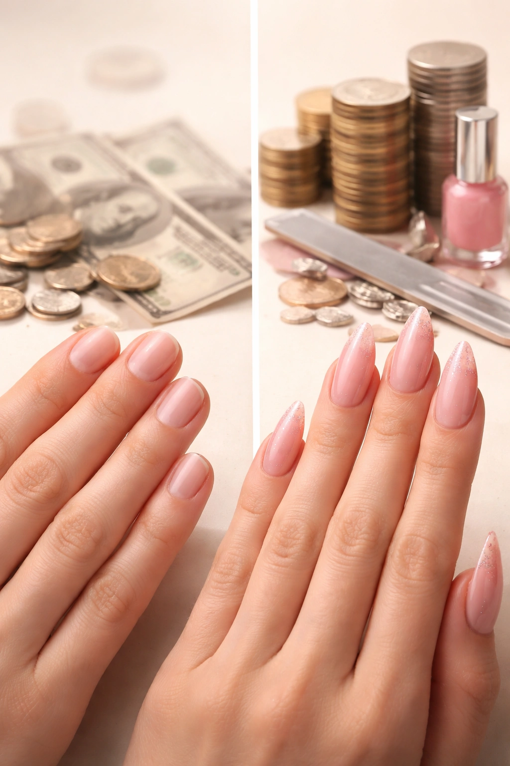 Close-up of hands showing short and long nails with a subtle money motif in the background