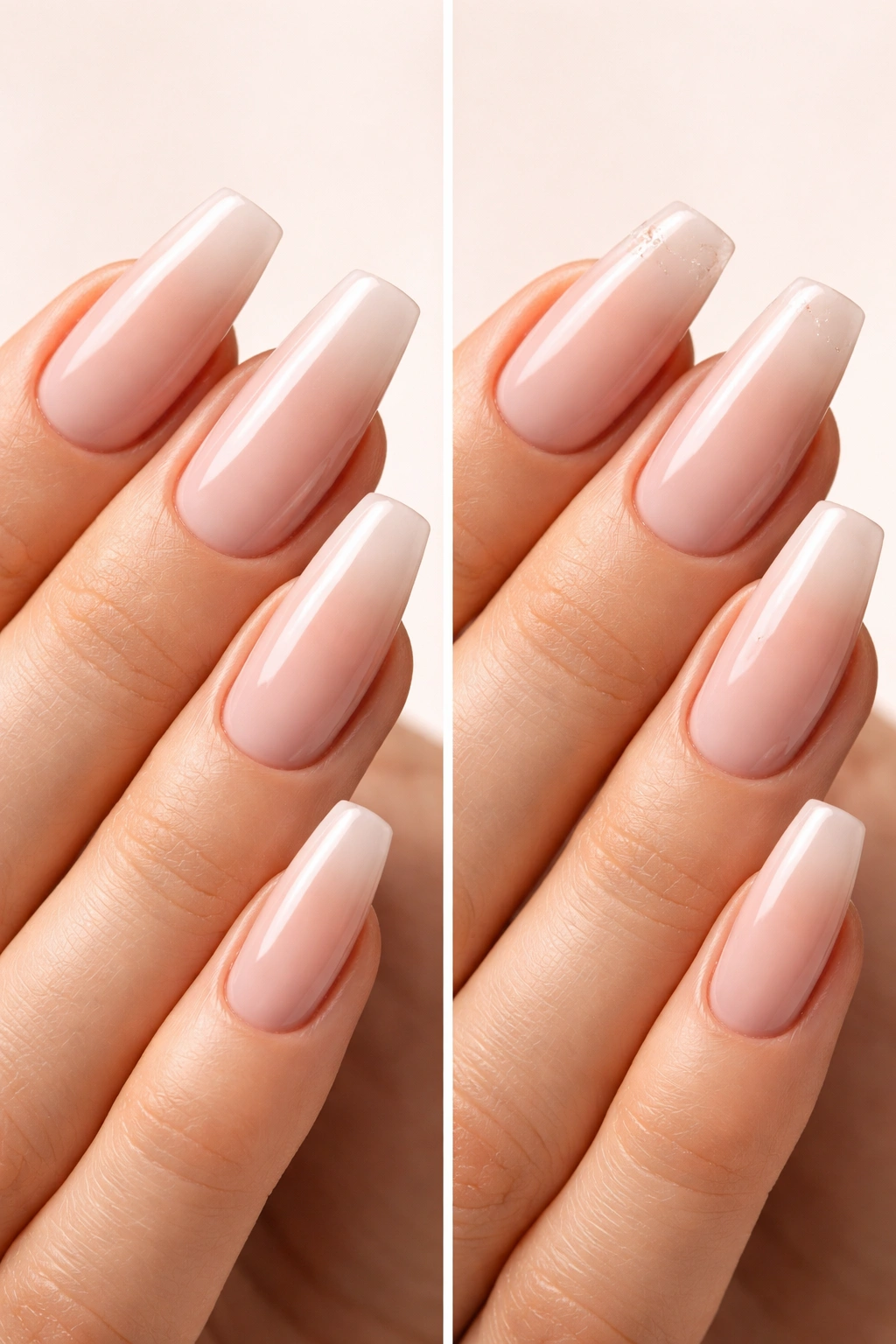 Hands display ballerina and coffin nails to illustrate maintenance needs and durability