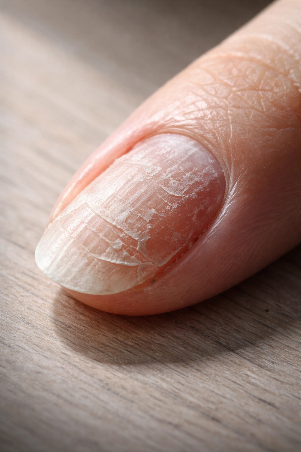 Macro view of a damaged nail showing dryness and peeling caused by acetone