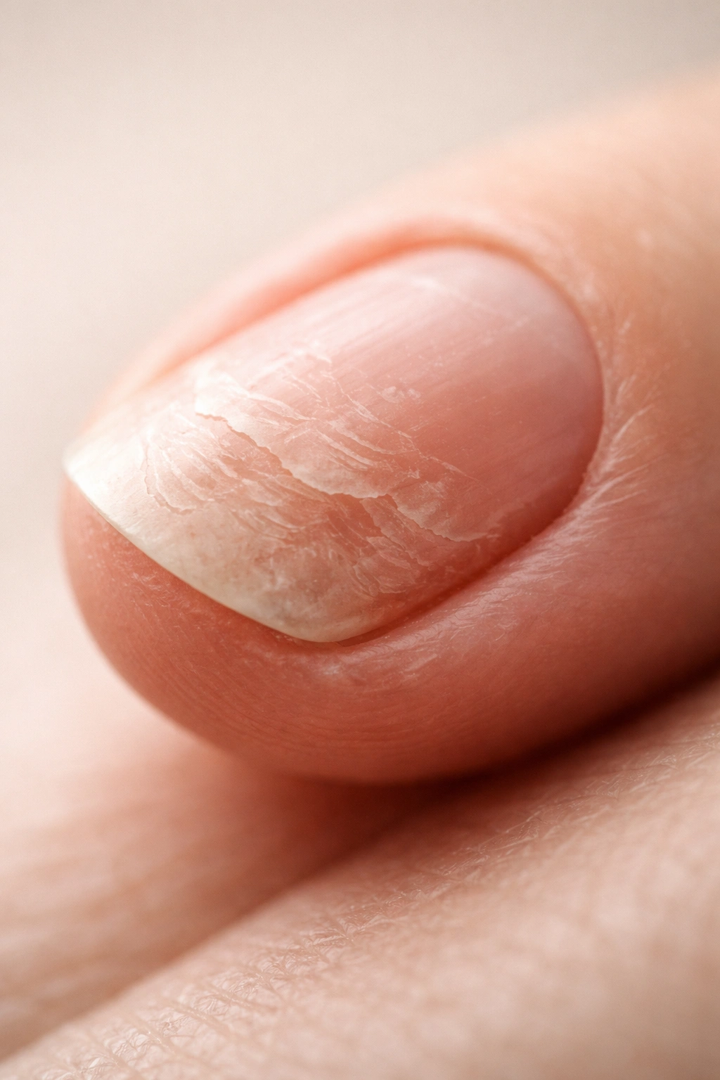 Close-up of fingernail with peeling layers showing keratin separation.