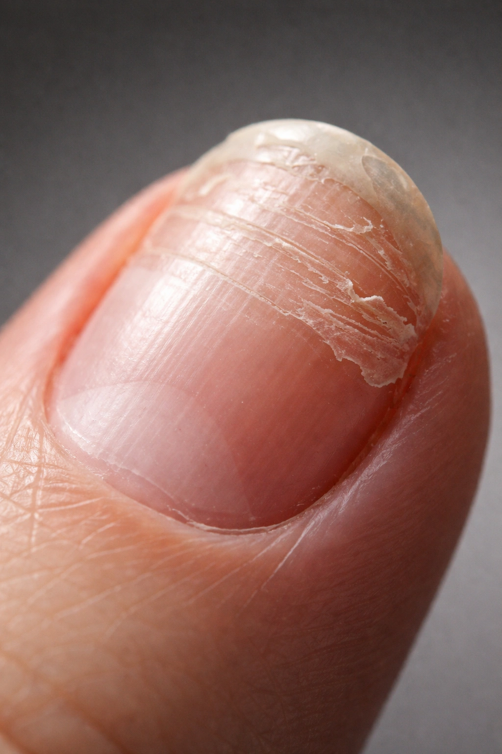 Close-up of a damaged nail showing peeled layers and rough edges