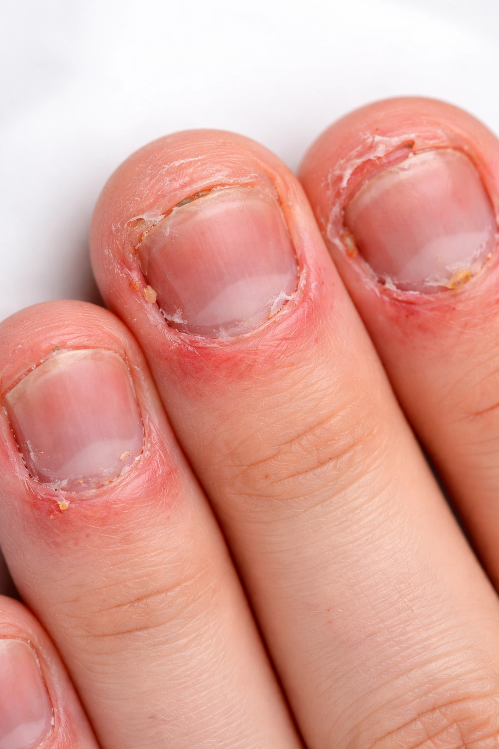 Macro close-up of damaged cuticles and nail bed from nail biting