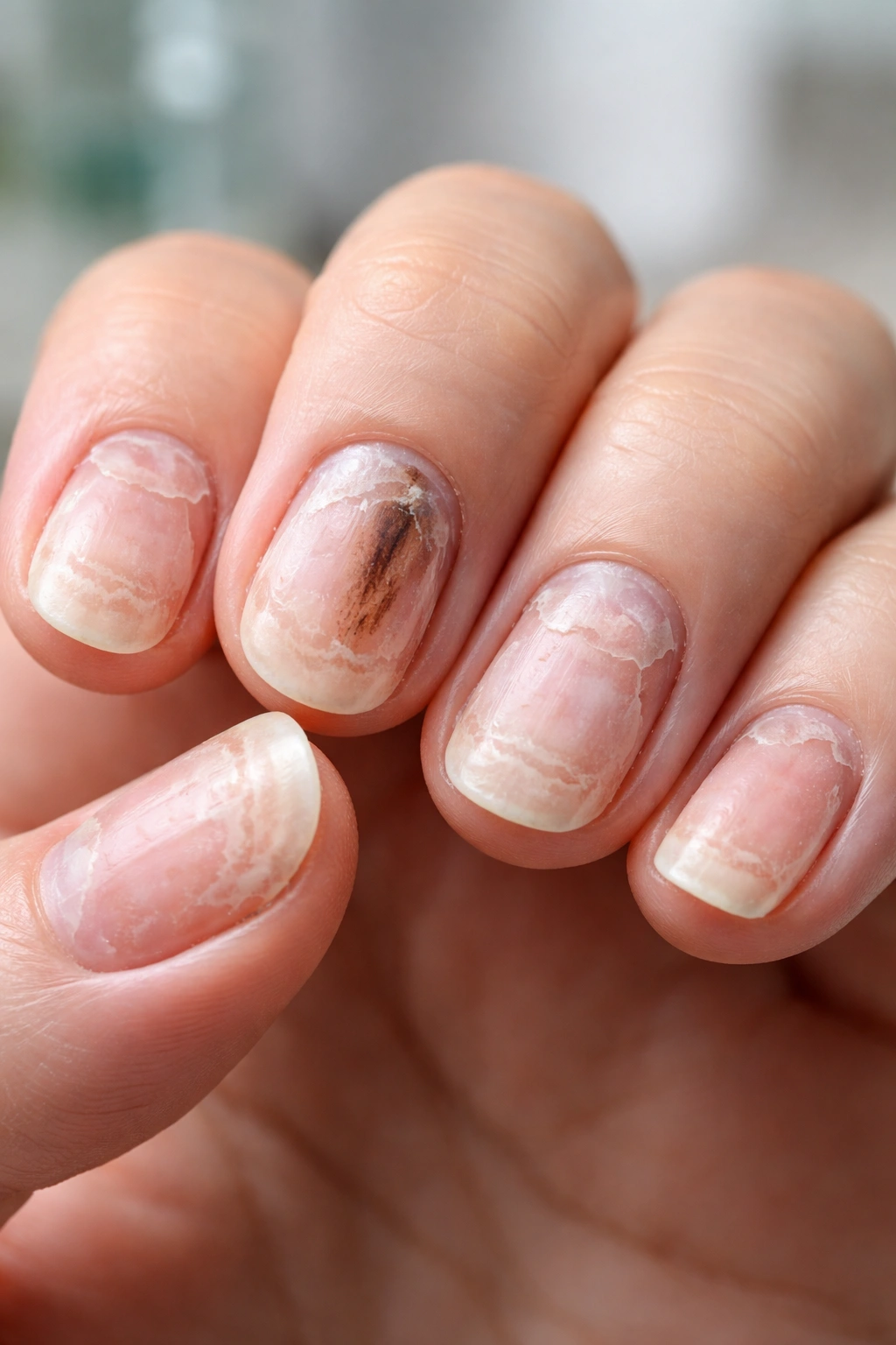 Close-up of fingernails displaying peeling, discoloration, and thinning after dip removal