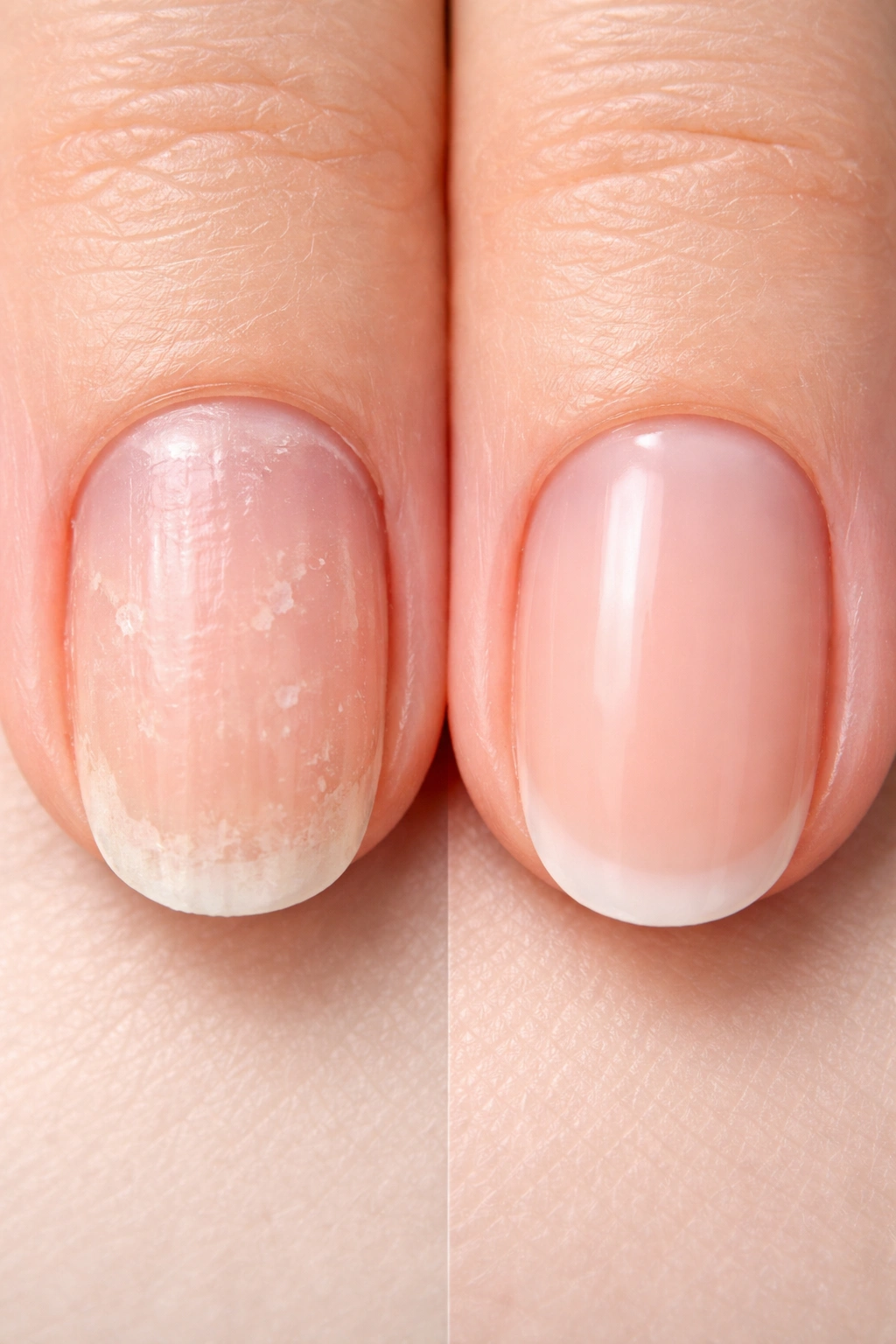 Damaged nail with thinning and white spots beside a healthy nail