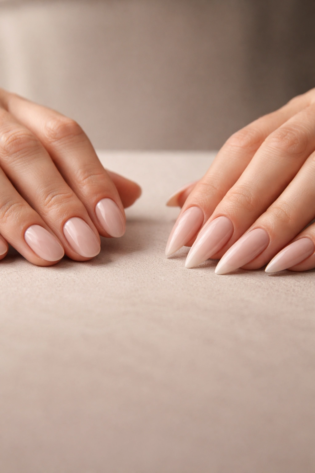 Hands displaying round and stiletto nails resting on a surface, suggesting decision making
