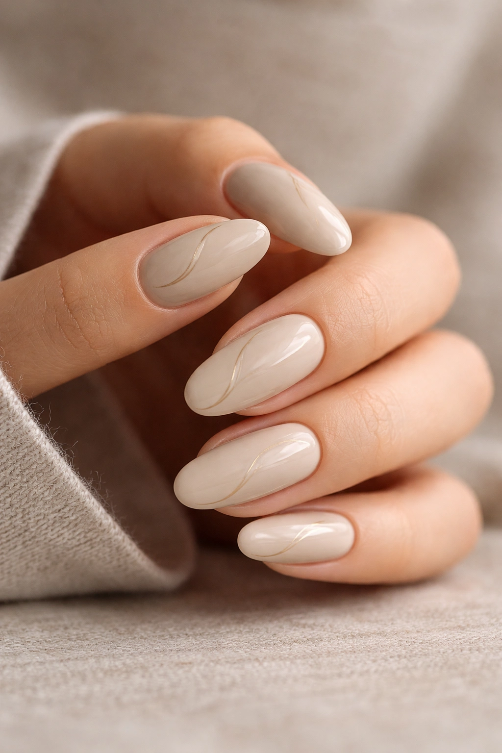 Beige long-oval nails with a single abstract swirl
