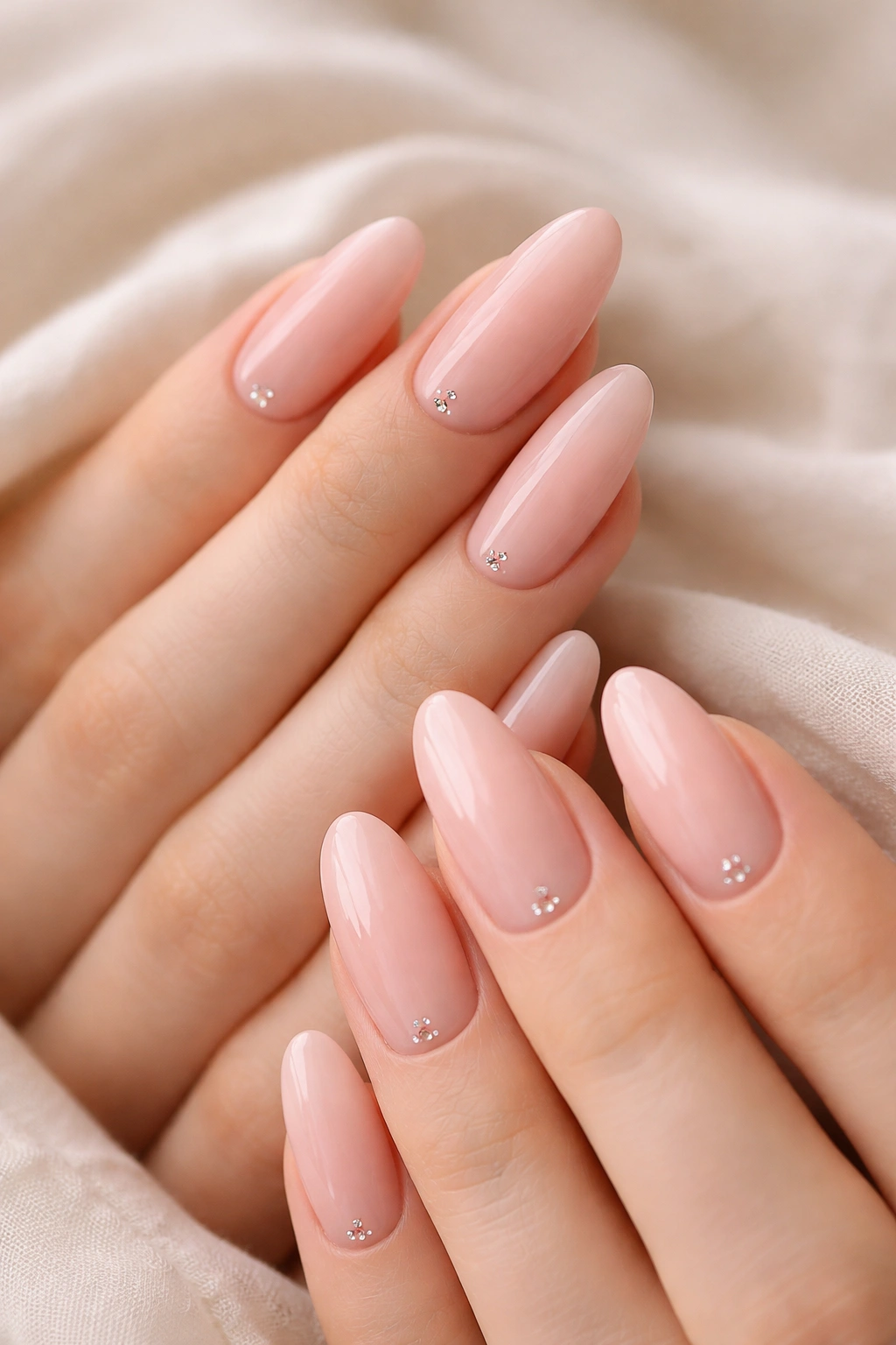 Close-up of blush pink long-oval nails with tiny crystals near the cuticles