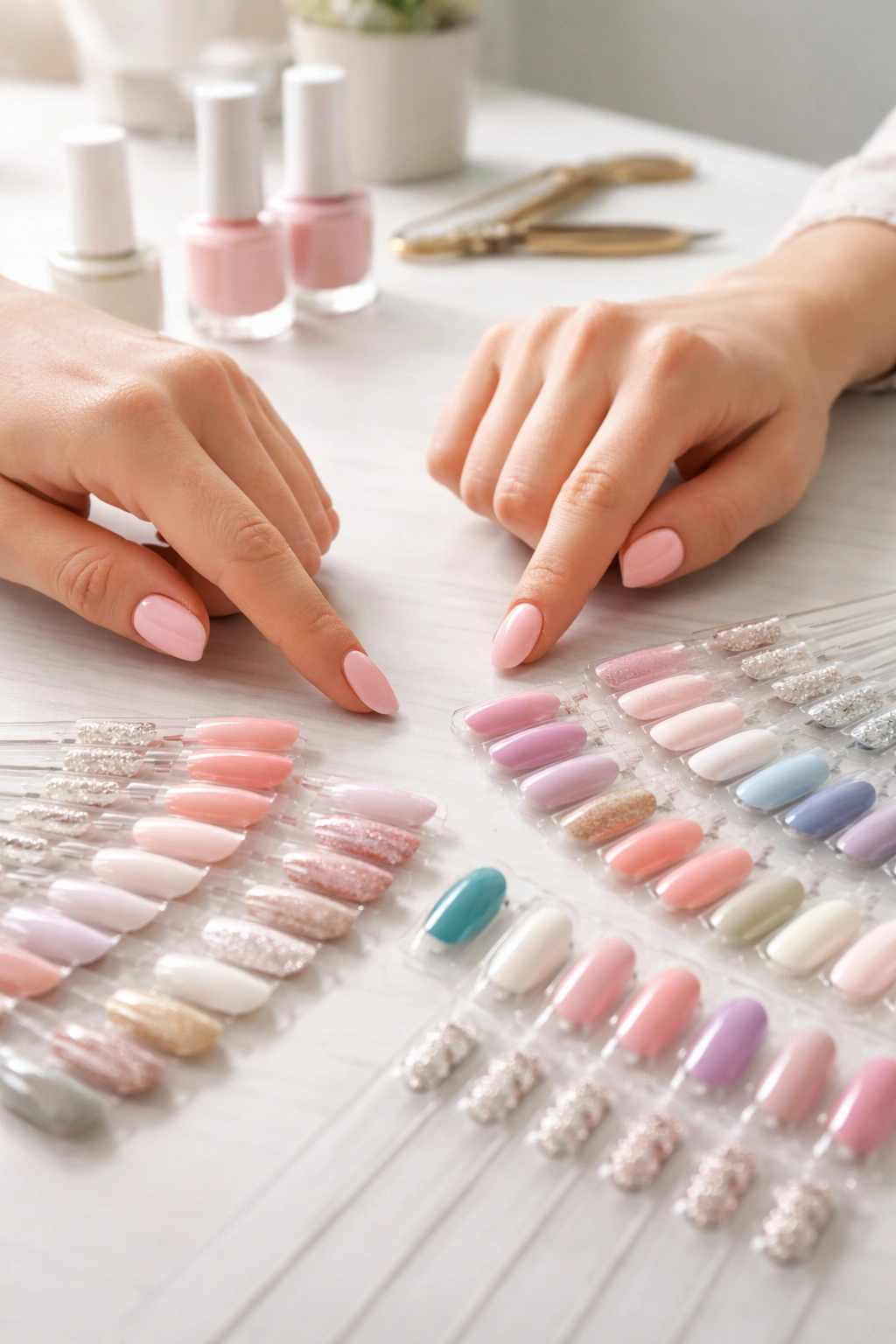 Hands selecting nail color swatches for matching nail design