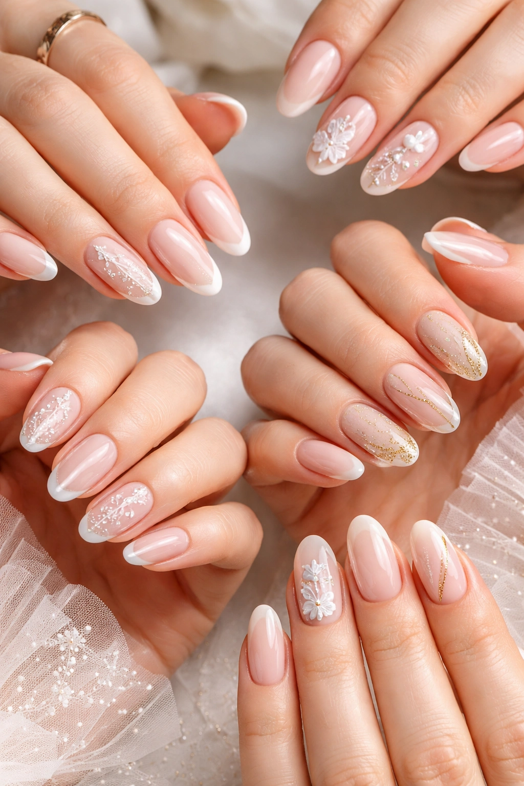 Hands displaying multiple nail design options to choose from