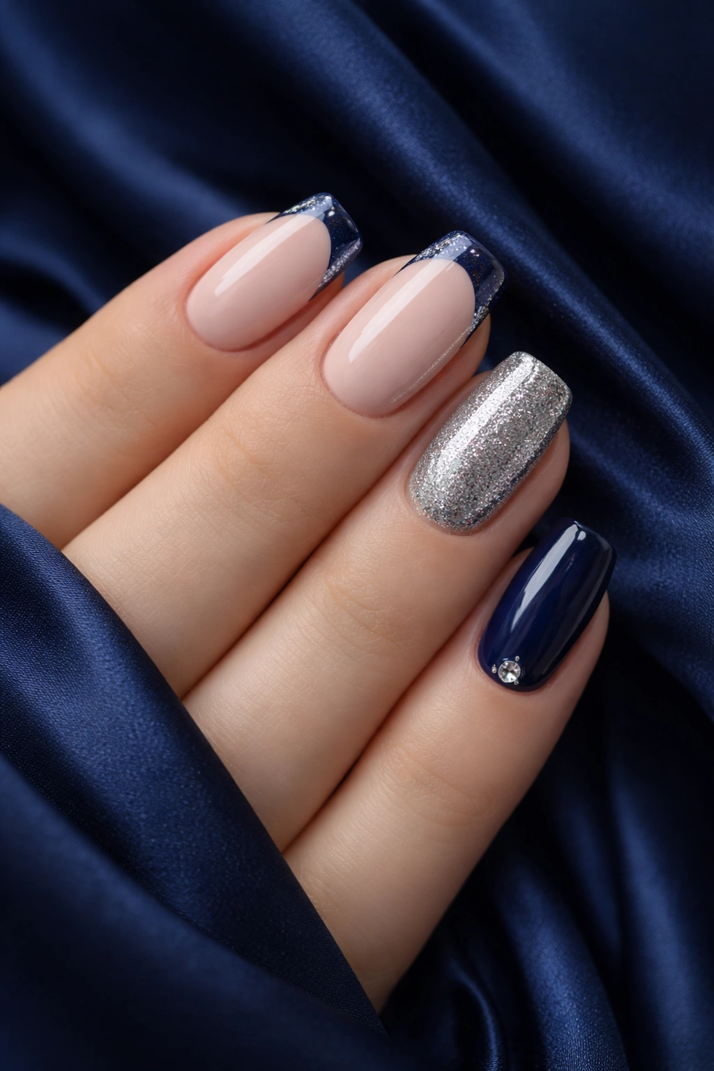Nail designs on hands with navy dress backdrop