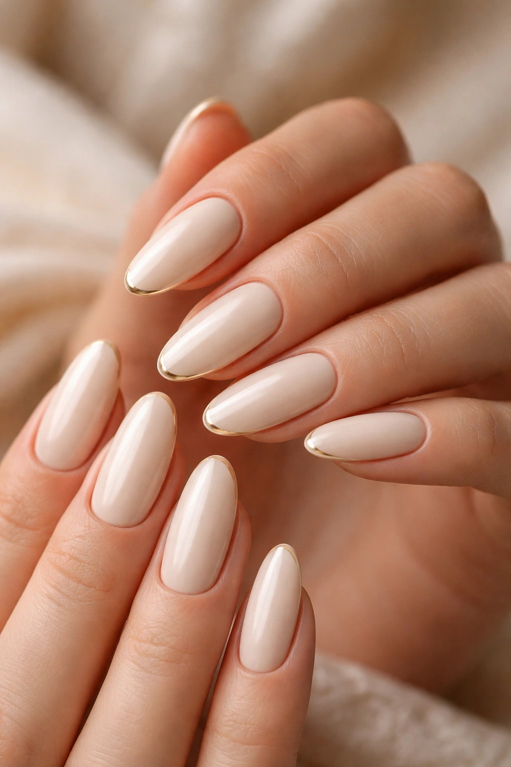 Ivory long-oval nails with a thin metallic line along the edge