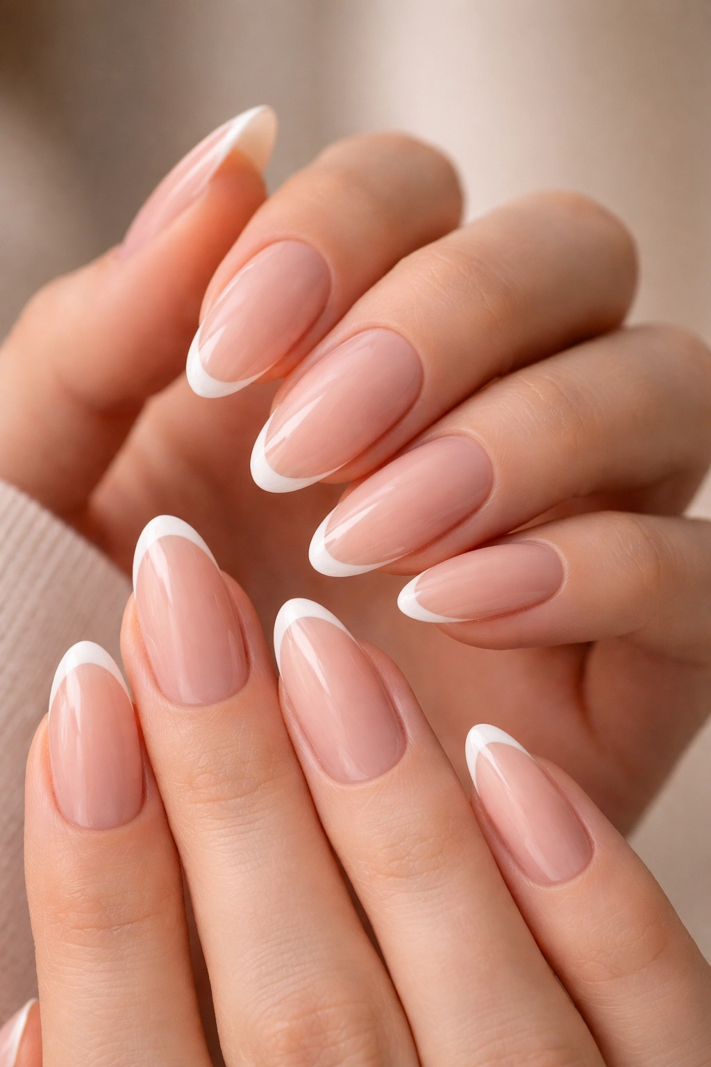 Close-up of long oval nails with sheer nude base and razor-thin white micro-French tips